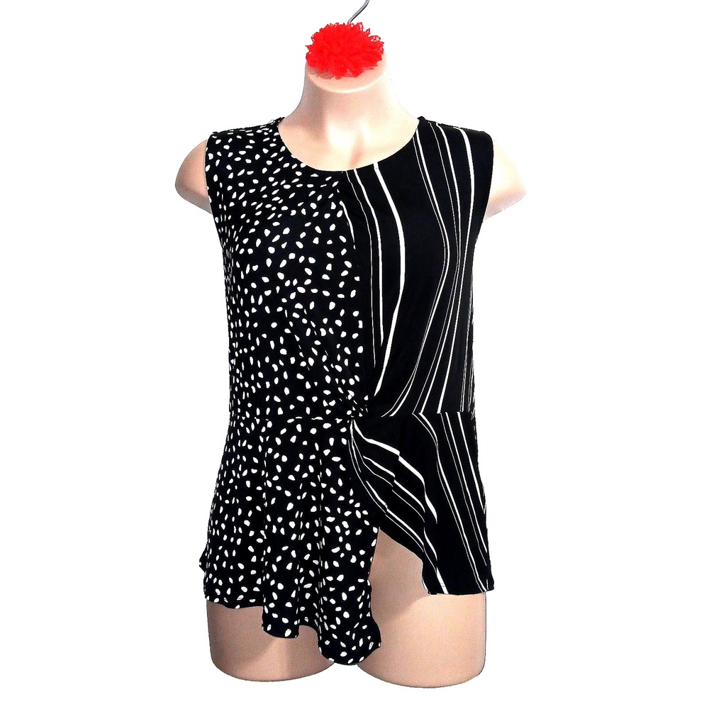 Cato Women Top 18/20 2X Black White Dots Stripes Split Asymmetric Work Career